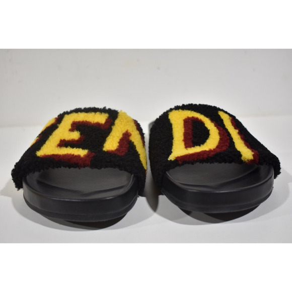 Fendi Mens Shearling Fur Logo Yellow Red Black Flat Slide Sandal Flip Flop 7 - Picture 6 of 12